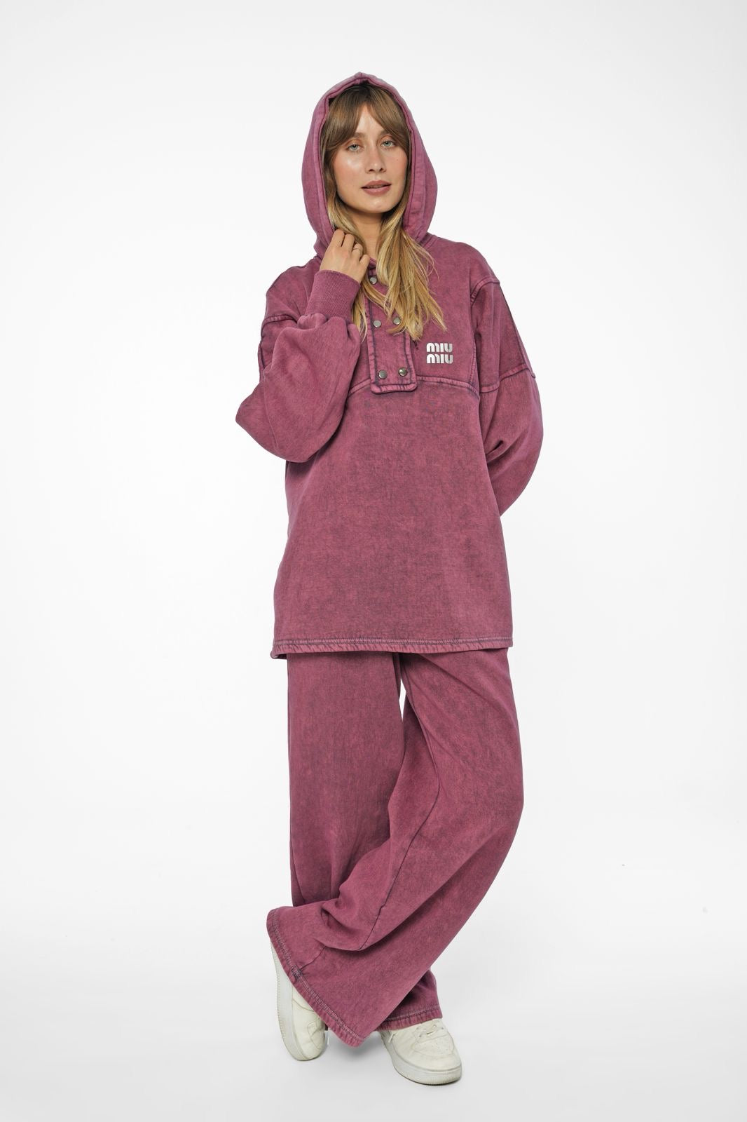 Distressed Berry Knit Hoodie and Wide-Leg Trousers Co-ord