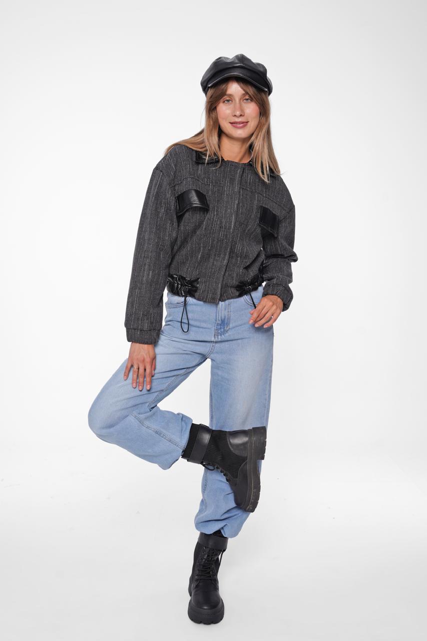 The Textured Knit Bomber with Faux Leather Trim