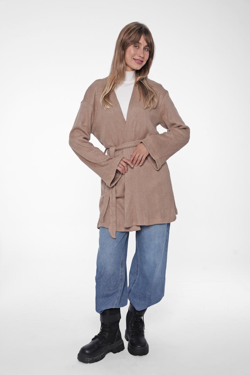 Ribbed Knit Belted Kimono Cardigan - Cafe