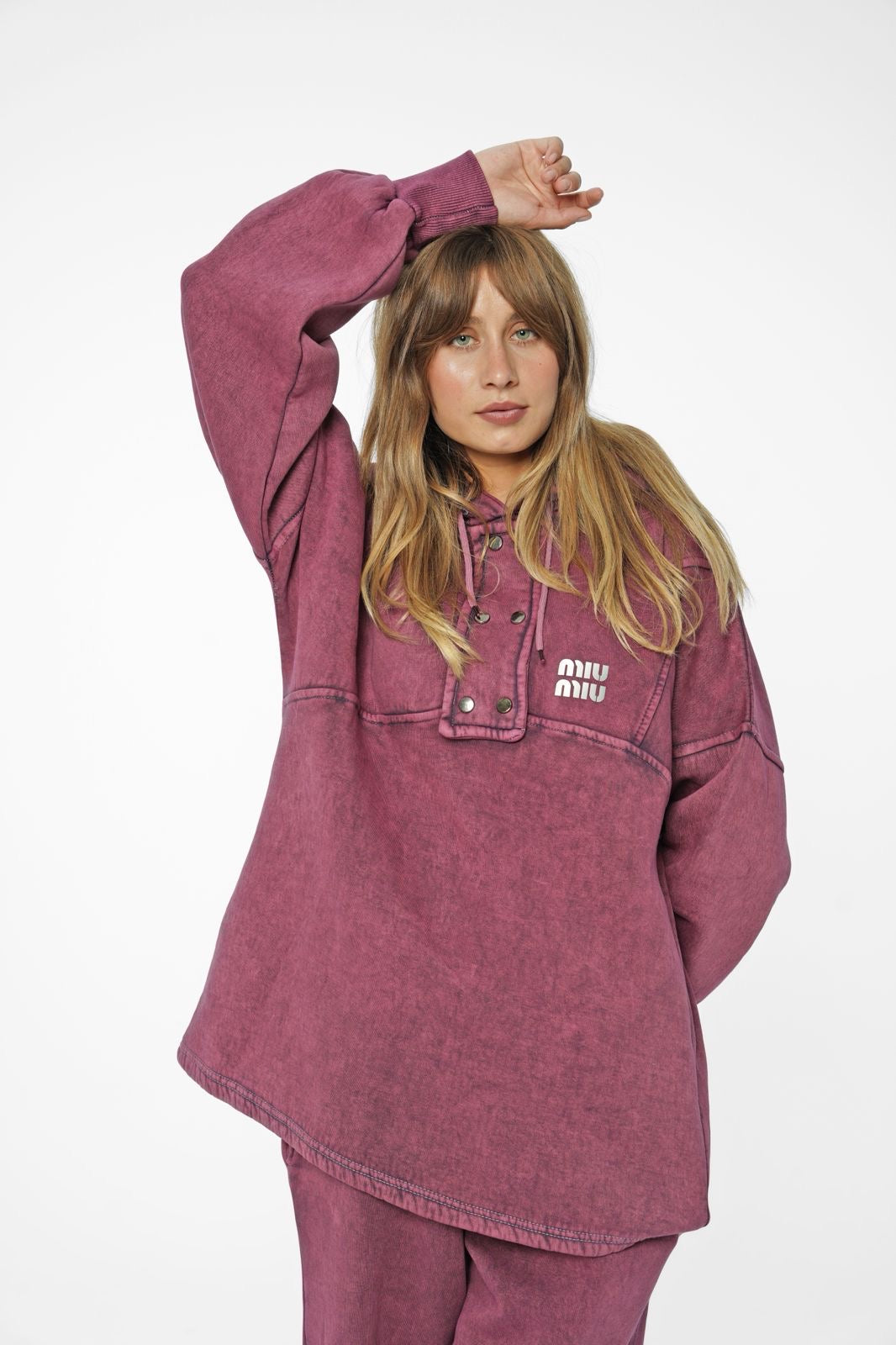 Distressed Berry Knit Hoodie and Wide-Leg Trousers Co-ord