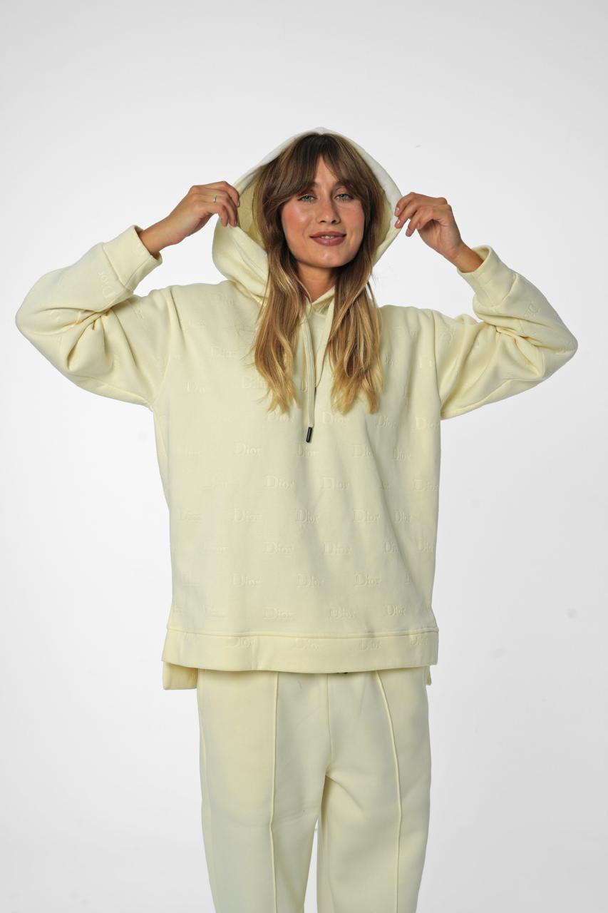 Cream Logo Jacquard Oversized Hoodie and Wide-Leg Track Pants Set