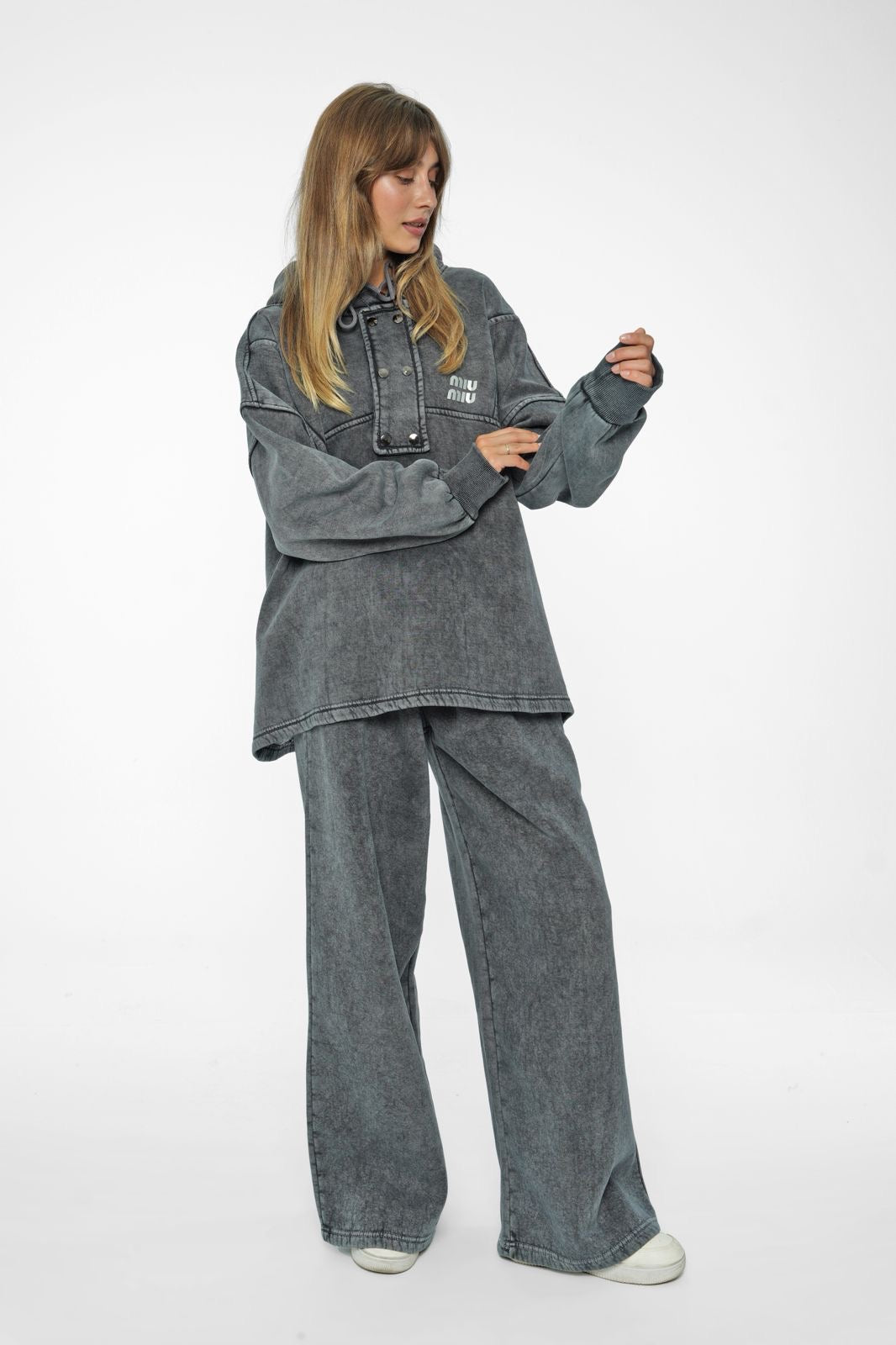 Distressed Berry Knit Hoodie and Wide-Leg Trousers Co-ord