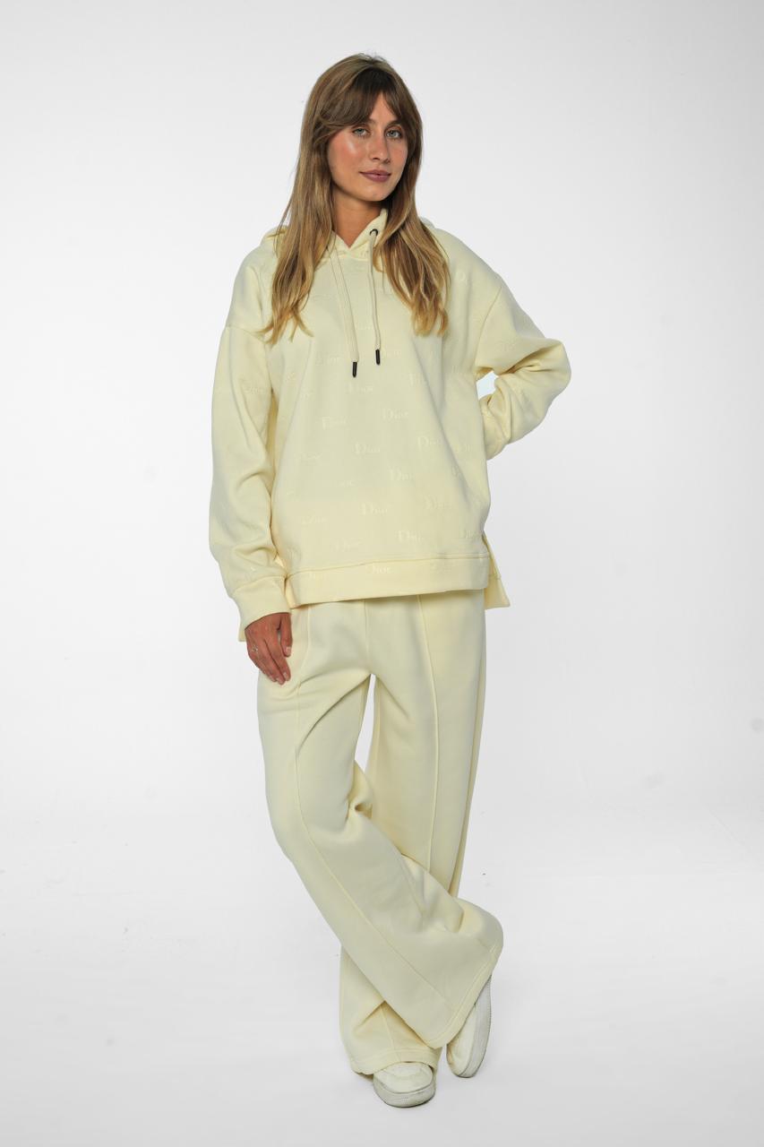 Cream Logo Jacquard Oversized Hoodie and Wide-Leg Track Pants Set