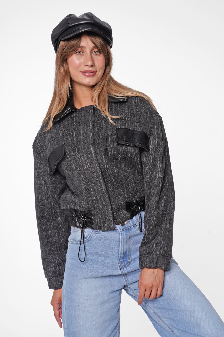 The Textured Knit Bomber with Faux Leather Trim