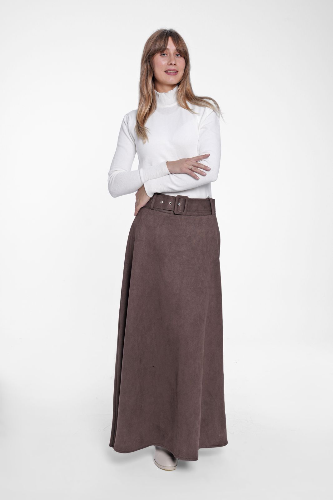 Classic Suede Belted Maxi Skirt