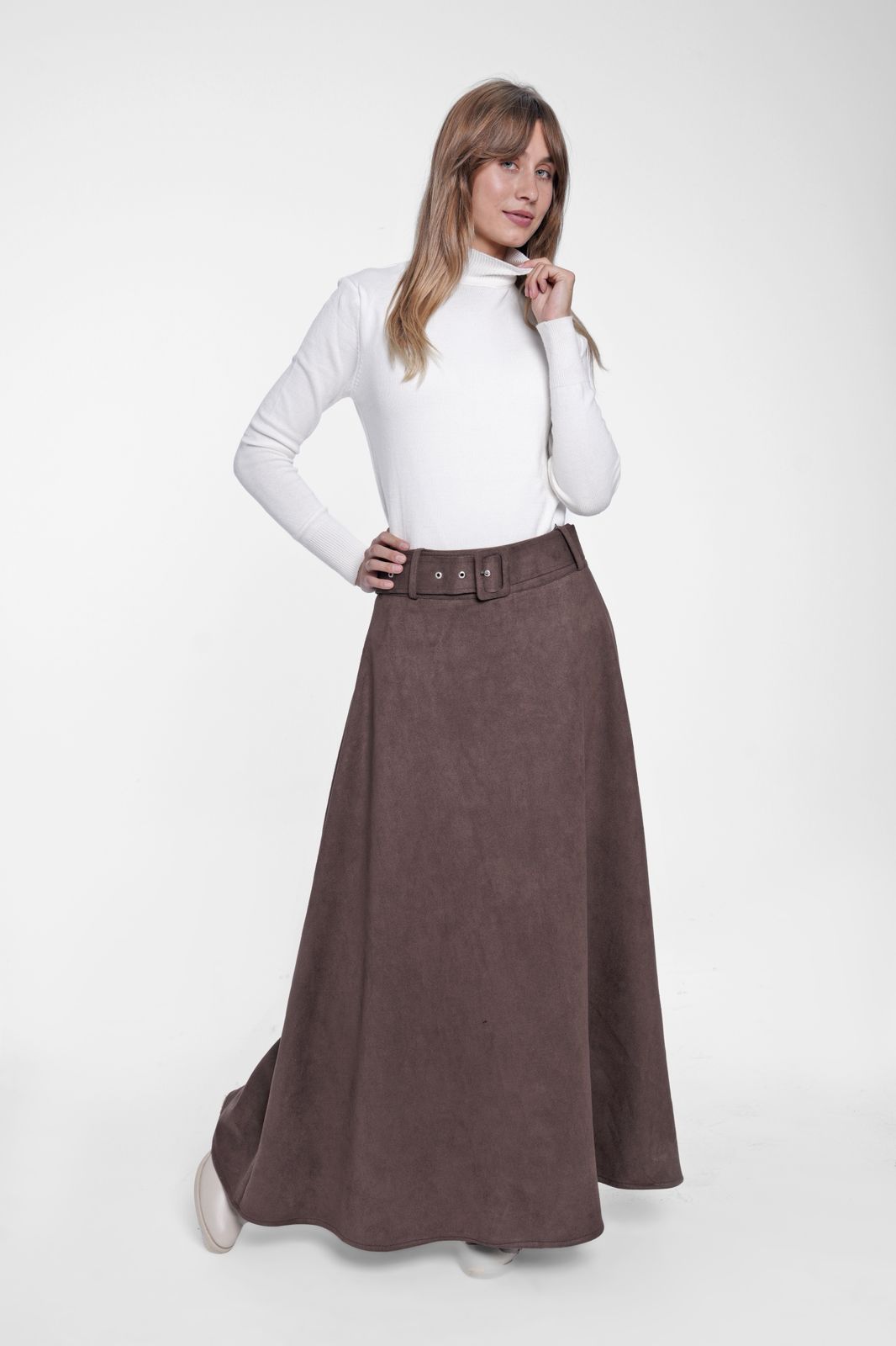 Classic Suede Belted Maxi Skirt